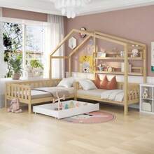 Children's Cabin Bed With Drawers And Shelves, Solid Wood With Guardrail And Slatted Base, L-Shaped Structure, Natural (90x200 Cm+140x70cm) - Brown - View 3