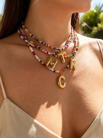 1pc Bohemian Style Elegant Sophisticated Titanium Steel 26 Letter Bead Necklace, Suitable For Women, Sisters, Couples, Perfect Jewelry Gift For Valentine's Day, Casual Dates, Parties, Holidays, And Vacations