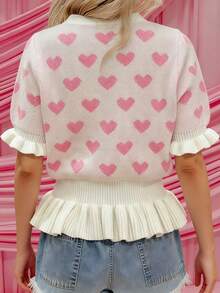 Womens Valentines Knit Cardigan Vest Stylish Love Heart Pattern Ruffled Hem Button Down V Neck Half Sleeve Sweater Jacket - White - View 4