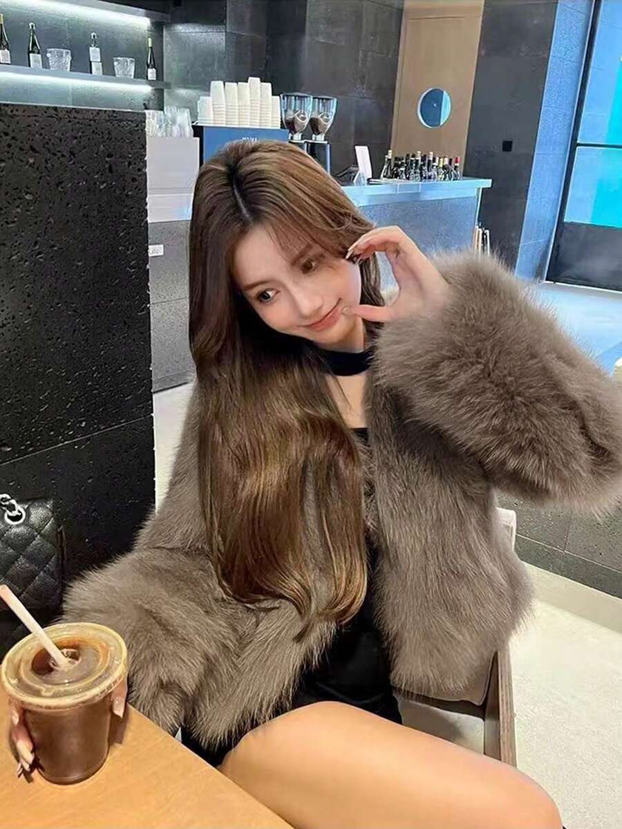 Women's New Faux Fur V-Neck Coat, Minimalist Furry Jacket, Autumn/Winter - Mocha Brown - View 1