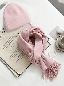 FADZOYLE 1pc/2pcs Hat & Scarf Set Solid Color Scarf Large Size Cashmere Feel Wraps Shawl For Dress Wedding And Gift Evening Dresses Travel Office, Fall Winter All Season Solid Color Knit Cuffed Beanie Hat Knitted Caps Soft Snug Outdoor Daily Use Gift Snow Ski Running Accessories