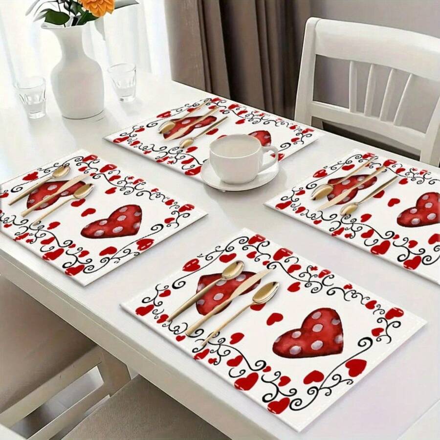 1/4/6 Pieces Of Placemats Heart-Shaped Red Dot Love Desktop Decoration Set Suitable For Wedding Season, Mother's Day Home Decoration Anniversary Party Romantic Decoration - 斑點紅心 - 查看 1