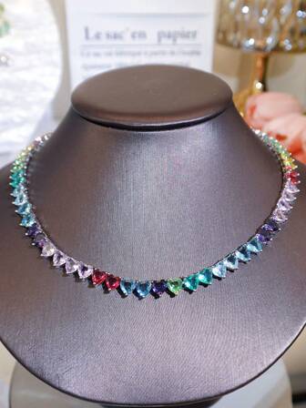 SEQUITO 1pc Elegant Women Heart Pendant Necklace Paved Setting Colorful AAAAA Zirconia Silver Plated Evening Party Costume Jewellery