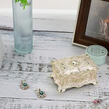 Hipiwe Vintage Jewelry Box, Small Enameled Trinket Box Organizer Rectangular Treasure Chest Box Jewelry Decorative Box Keepsake Gift Box Case For Women,3.7x 2.7x 2 Inch,Small,Beige - Beige - View 3