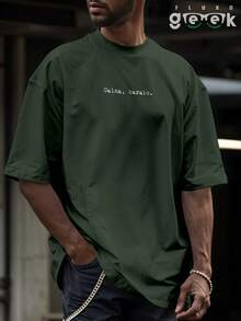 Oversized Gym T-Shirt With Funny Phrase "Calm Down, " REF 3297 FLUXO GEEK - xanh quân đội - Xem 4
