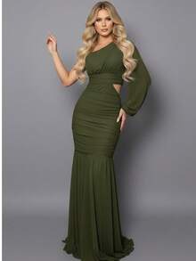 Bridesmaid Dress With One Long Sleeve, Without Glitter, Fuchsia, Marsala, Rose, Olive Green, Terracotta, Serenity Blue, Or Dark Green. - 橄欖 - 查看 1