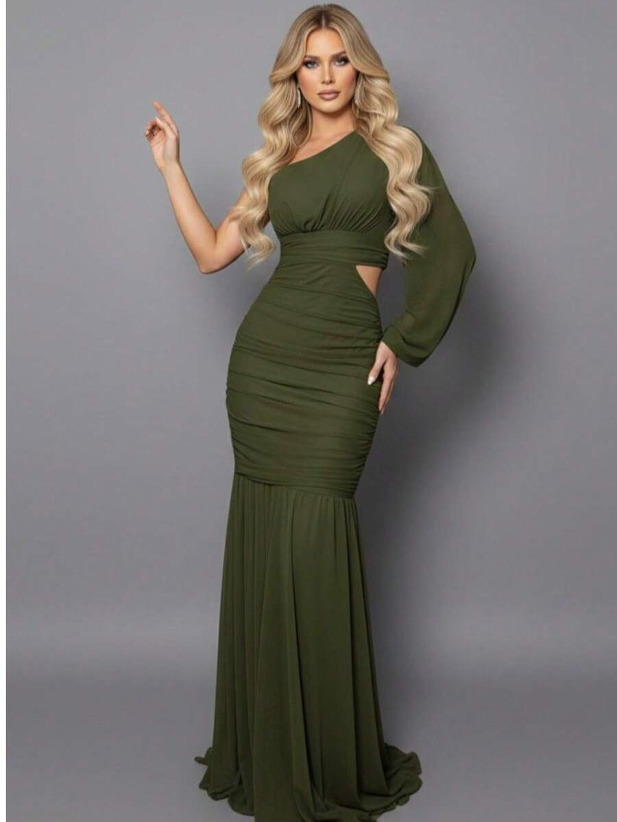 Bridesmaid Dress With One Long Sleeve, Without Glitter, Fuchsia, Marsala, Rose, Olive Green, Terracotta, Serenity Blue, Or Dark Green. - 橄欖 - 查看 1