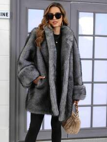 Plus Size Faux Fur Animal Print Fashionable Jacket, Everyday Wear, Autumn/Winter - Grey - View 6