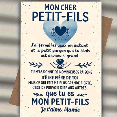 1pc Creative French Grandmother's Greeting Card For Grandson, Bilingual English And French Message - Cute Grandson Heart Design And French Phrases Birthday/Grandfather's Gift Card/Birthday Gift With Envelope