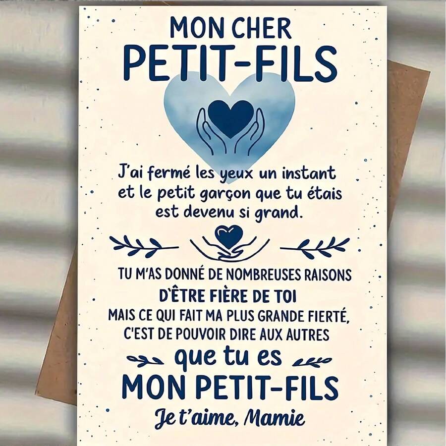 1pc Creative French Grandmother's Greeting Card For Grandson, Bilingual English And French Message - Cute Grandson Heart Design And French Phrases Birthday/Grandfather's Gift Card/Birthday Gift With Envelope - Multicolor - View 1