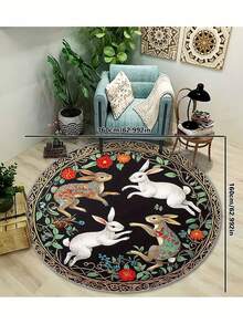 100% Polyester Rabbit Design Round Rug, Hand Washable, Machine Washable, Indoor Use, Suitable For Living Room, Bedroom, Game Room Decor