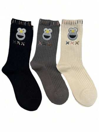 3 Pairs Retro Cartoon Frog Mid-Calf Socks, Versatile American Style Long Socks For Women