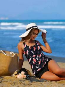 Women's Casual Scoop Neck Tankini With Ruched Bust And Leaf Print Backless Top And Shorts For Elegant Swimwear - Black - View 3