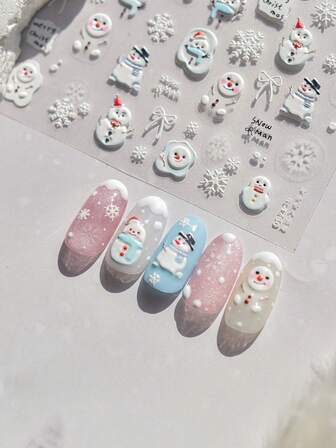 1张冬季圣诞美甲贴纸，适合2025年中国新年，可爱卡通蝴蝶结雪人图案，自粘式美甲装饰贴纸