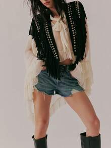 Women Tassel Vest Y2K Sleeveless Fringe Wide Eyes Suede Collar Shawl Open Front Boho Western Jacket Cardigan - màu đen - Xem 3