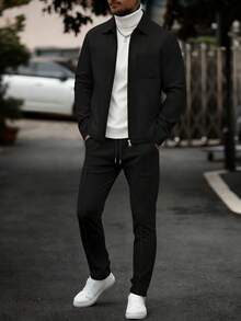 男士两件套，时尚简约拉链外套（带领子和口袋）+抽绳腰裤，轻盈涤纶面料，适合春秋季休闲、日常、度假穿着，也可作为送给男友的礼物。 - 黑色 - 查看 1