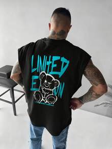 Men's Fashionable Versatile Bear Print Drop Shoulder Tank Top, Summer - Black - View 1