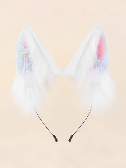 Cute Rabbit Plush Fuzzy Atmosphere Handmade Rabbit Ears Headband, Vintage Lolita Accessories, Multi-Color Bow Tassel Animal Ear Hair Hoop