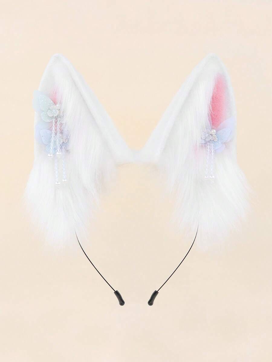 可爱兔子毛绒绒氛围手工兔耳朵发箍，复古洛丽塔配饰，多色蝴蝶结流苏动物耳朵发箍