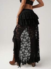Womens Lace Skirt Summer New Irregular Design Sheer Hollow Out High Waist Slim Fit Skirt - 黑色 - 查看 4