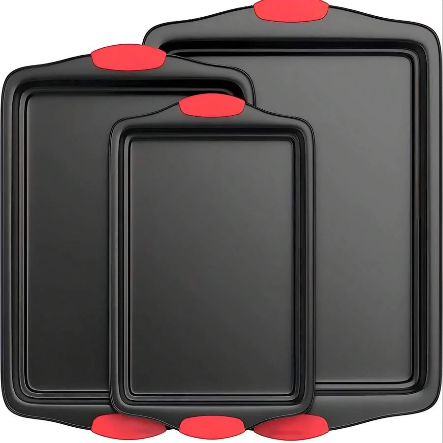 3PCS Carbon Steel Non-Stick Baking Pan | Commercial Restaurant Grade, Double-Sided Non-Stick Coating, Luxurious & Stylish Design With Red Silicone Handle - Kitchen Bakeware - màu đen - Xem 1