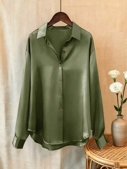 Women's Elegant Versatile Draping Vintage Long Sleeve Satin Blouse, Spring/Summer