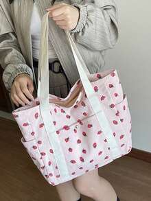 Prosta torba na ramię z nadrukiem truskawkowym dla kobiet, duża pojemność na wakacje i podróże, uniwersalna, swobodna, sztruksowa torba z wieloma kieszeniami i uchwytem u góry, lekka, przenośna torba na zakupy na co dzień, idealna do dojazdów i wyjść - Różowy - Zobacz 2