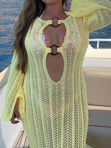 Vestido largo de ganchillo amarillo limón | Cubrecuerpo de manga larga con recortes para la playa y vacaciones de verano - Amarillo - Ver 7