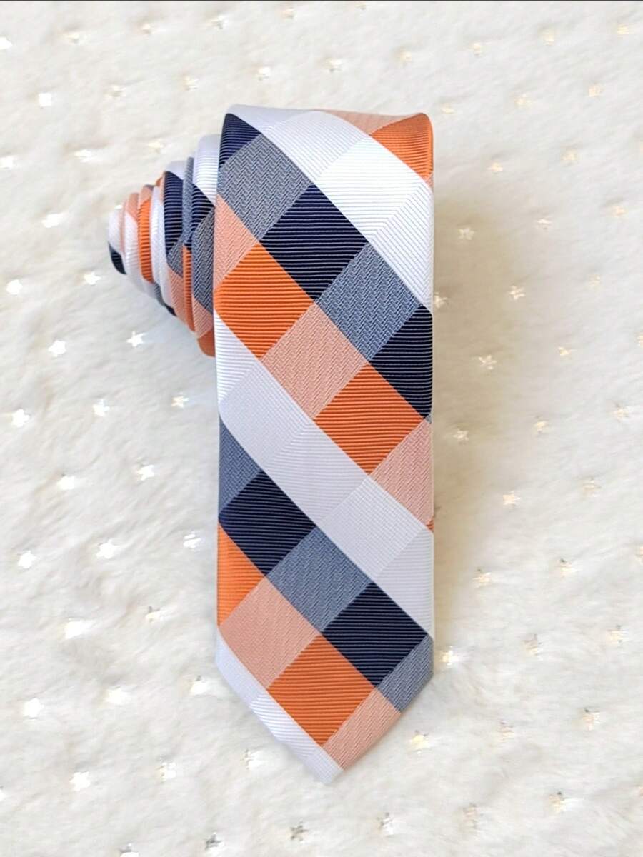 Men's Casual Dress Tie, Colorful Checkered, Slim Fit (5.5cm) - 橘色 - 查看 1