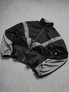 男士拼接撞色反光条纹装饰立领夹克，美式风格个性化运动户外摩托车街头轻便夹克 - 黑色 - 查看 1