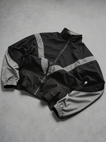 男士拼接撞色反光条纹装饰立领夹克，美式风格个性化运动户外摩托车街头轻便夹克