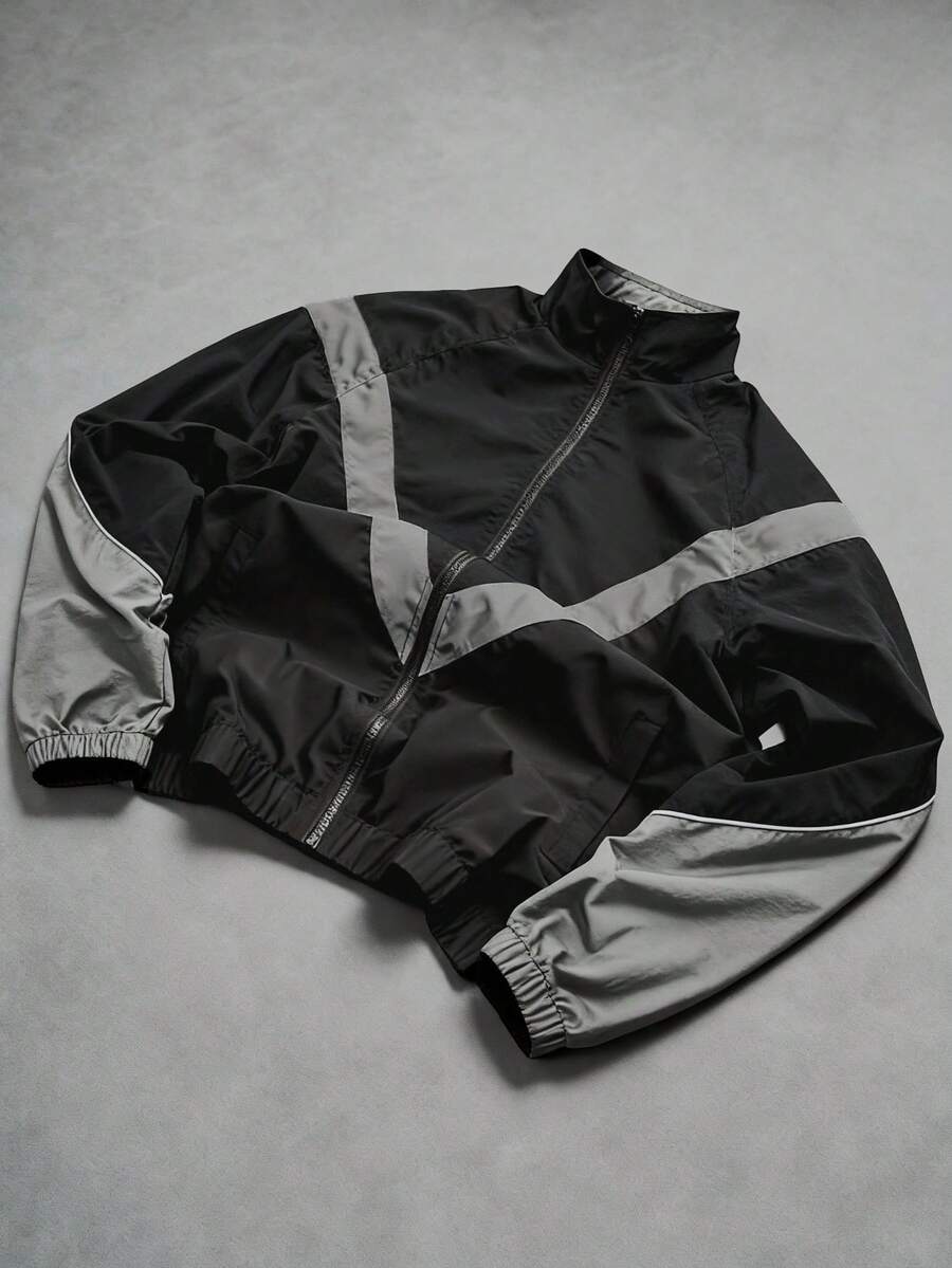 男士拼接撞色反光条纹装饰立领夹克，美式风格个性化运动户外摩托车街头轻便夹克 - 黑色 - 查看 1