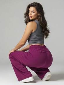 Comfortable Women's Wide-Leg Sweatpants, Soft, Structured Fit, Casual, Basic, Plain, With A Faux Drawstring. - Rosa - Ver 7