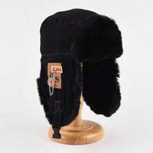 Winter Thickened Lei Feng Hat Unisex  Windproof Warm Ear Cycling Hat Plush Patch Chain Cotton Hat - màu đen - Xem 3