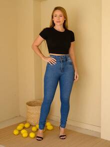 New Vintage Effect Jeans With High, Wide Waistband And 2 Front Buttons, Butt-Lifting Design, Vintage Effect, Butt Lifting Design. - Rửa trung bình - Xem 6