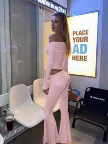 Women's Pleated Black Fungus Edge Long Sleeved Top, Low Waisted Flared Pants Set, For School Opening Ceremony, Graduation Season, Evening Date, Valentine's Day Women's Two Pieces Set - Baby Pink - View 4