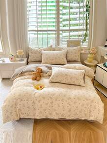 4pcs/Set New Floral, Striped, Plaid, Solid Color Print Reversible Bedding Set For Dorm, Includes 1pc Duvet Cover, 1pc Fitted Sheet, 2pcs Pillowcases, Soft Brushed Microfiber, No Fluorescent Agent, Cute Bear & Bow Decor For Students - Manman Bear - View 7