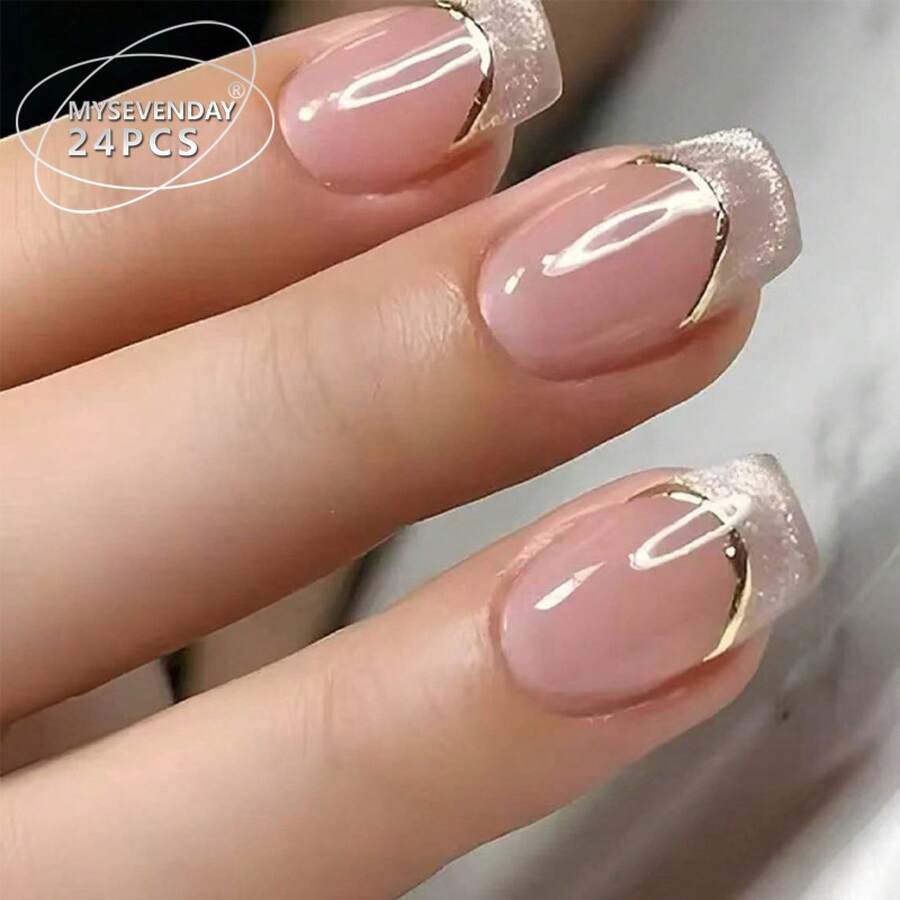 24 Pieces Of Short Square Pink Gradient Nail Stickers, Ice Nude Base Color With Glitter Tips And Gold Lines Cat Eye Wearable Nails, Salon Quality, Easy To Wear, Jelly Glue Style, Perfect For Daily Office And Date Night Use. Nail Art Supplies - 彩色 - 查看 1