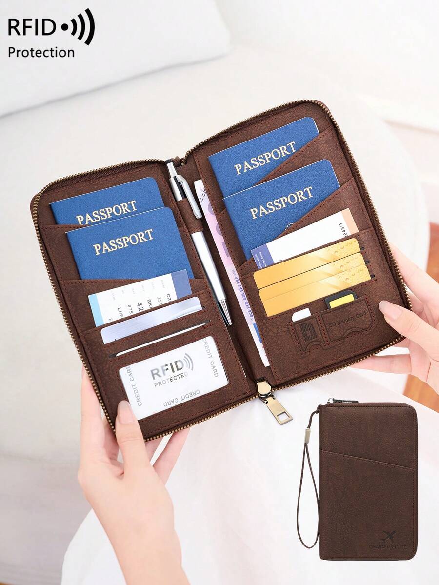 CHARM INFINITE 新款 RFID 屏蔽护照包，可放多本护照、旅行票证卡文件收纳袋，亲肤材质拉链长护照夹，可拆卸腕带，情人节礼物，送老婆给女朋友旅行必备假期护照套护照夹，适合家庭女士使用 - 咖啡 - 查看 1
