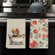 2pcs Vintage Khaki Floral Cow Kitchen Towels, Modern Absorbent Dishcloths, Cooking Baking Tea Clothes, Washing And Hand Cleaning Rags – Super Soft & Highly Absorbable For Home Decor Or Gifts (Neighbor/Mom's Birthday Present), Sweet Housewarming Idea, Essential Accessories, Kitchen Duster Cloth, Dish Drying Cloth, Stylish Home Accessory, Decorative Dishcloth, Quickdrying Cloth, Absorbent Fabric, Multipurpose Rags, Household Essentials, Gift For Mom, Neighbor Presents - 彩色 - 查看 5