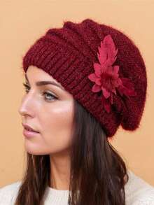 花卉装饰条纹宽松针织帽，纯色时尚针织帽，弹性针织帽，保暖贝雷帽，适合女性日常佩戴，秋冬季节