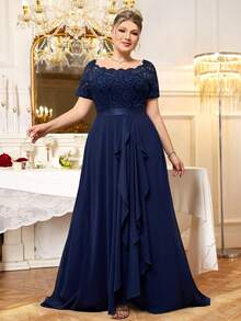 Đầm maxi cỡ lớn cổ chữ V ren hoa phối bèo nhún bằng chiffon, thanh lịch cho các dịp trang trọng như dạ hội, vũ hội, tiệc cưới, tiệc mùa xuân. - Màu xanh hải quân - Xem 4