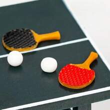 1 Set 1:12 Scale Resin Mini Table Tennis Racket And Table Model - Includes Black Net, Red Racket, White Ball, Creative Miniature Ping Pong Table Decor Set - Multicolor - View 3