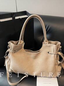 1个仿麂皮绒面料大容量女士手提包，纯色简约单肩包，拉链封口，适合女孩、女士、大学生、年轻职业人士，非常适合工作、商务、通勤和上学等场合。 - 卡其色 - 查看 3