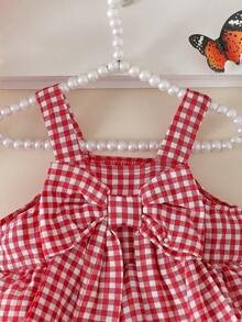 Tutina senza maniche per neonata e bambina, carina a quadri, con decorazione fiocco 3D e design con bottoni, colore rosso, adatta per San Valentino, regalo di compleanno, uso quotidiano, primavera/estate - Rosso - Visualizzare 5