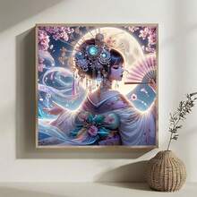 1件套DIY手工古代中国风女士钻石画套装，DIY钻石刺绣装饰画，适用于客厅、卧室、走廊，月亮和樱花图案，成人手工工艺材料，家居装饰，节日礼物 - 彩色 - 查看 4