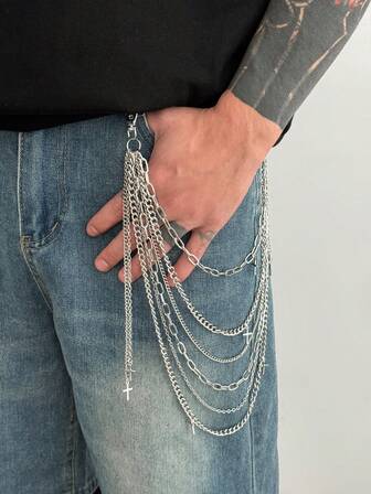 1pc Fashion Casual Cross Pendant Waist Chain, Suitable For Men And Women Daily Wear, Multi-Layer Chain Accessory, Gift For Holiday, Birthday, Easter, Graduation, Father's Day, Men's Pant Chain, Men's Jewelry, Body Chain