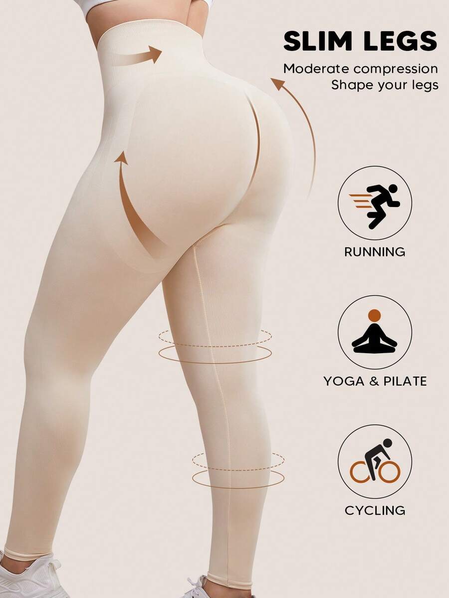 1pc Women's Plus Size High Waist Black Leggings, Slimming Tummy Control Shaping - Beige - View 1