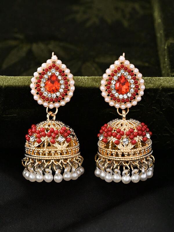 奢华金色灯笼吊坠耳环，水滴形仿珍珠和水钻耳环，适合女性日常、派对、节日/斋月佩戴的珠宝配饰