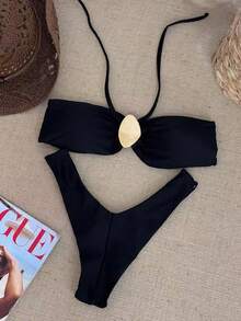 女士纯粹欲望风格黑色吊带露肩比基尼贝壳装饰高叉性感海边度假三件套泳衣2026春夏款 - 黑色 - 查看 1